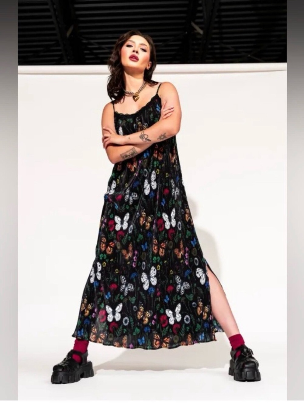 Dressed in LALA Folklore plisse Black Maxi Dress with Multicolor Butterfly Print
